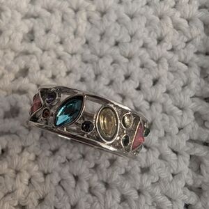 Silver-Tone Multicolor Gemstone Band Ring - Teal, Pink & Yellow Accents